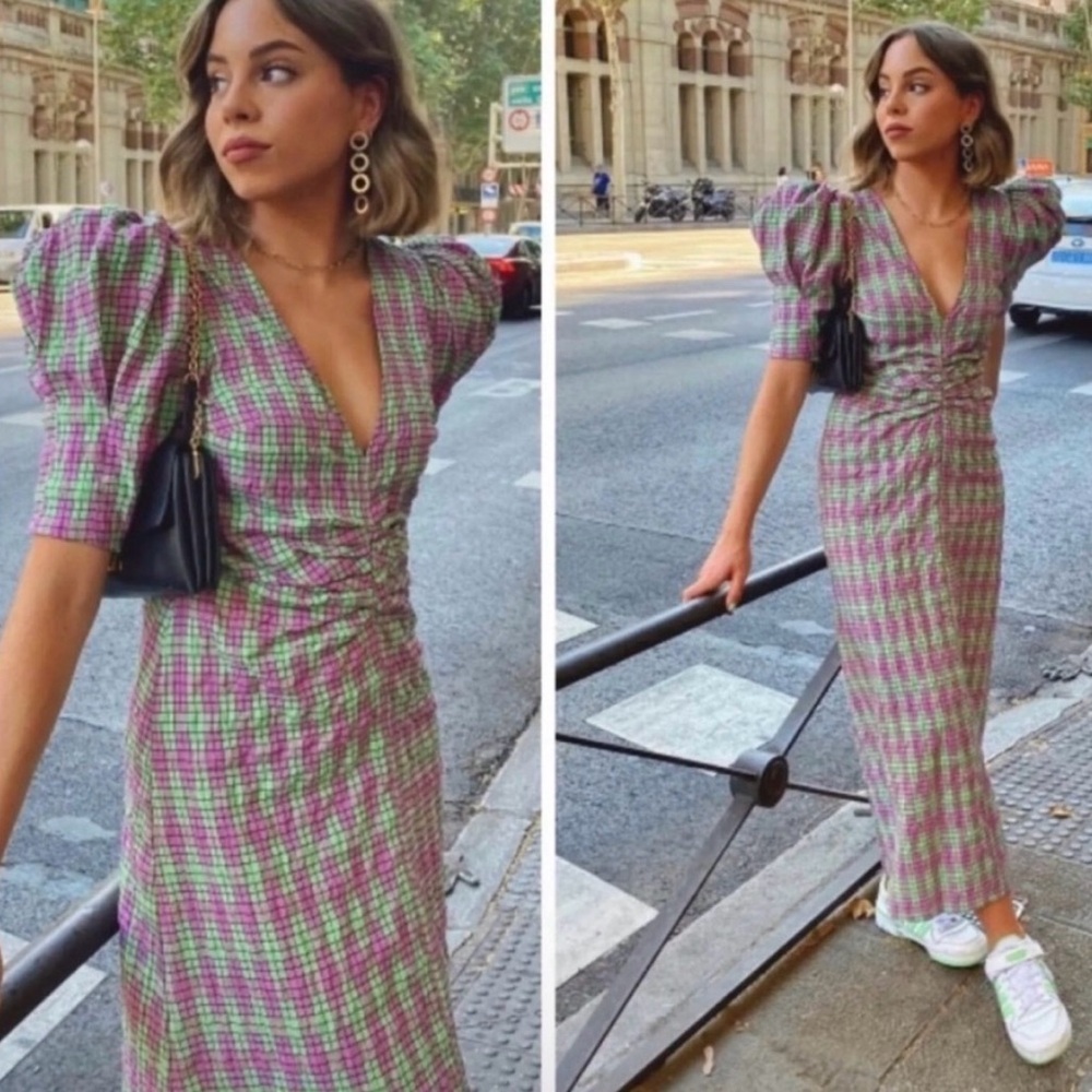 Zara Pink and Green Houndstooth Long Sleeve Maxi Dress